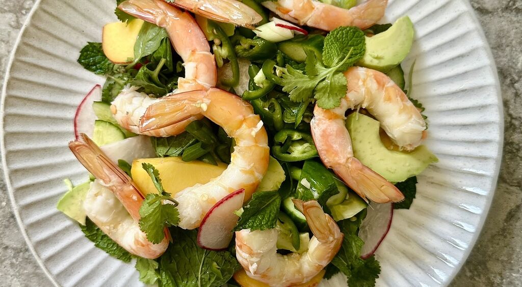 Prawn and peach salad with Nahm Jim dressing